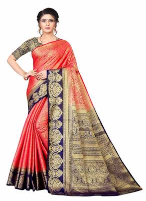 Red woven faux kanjivaram silk saree with blouse 1