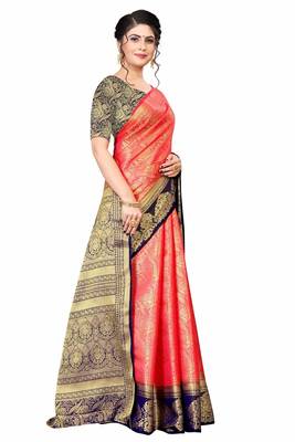 Red woven faux kanjivaram silk saree with blouse 3