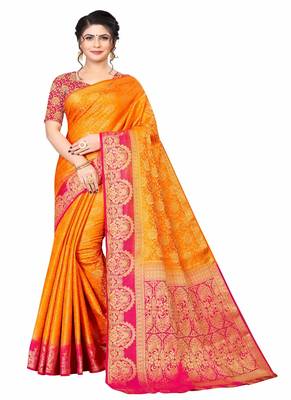 Yellow woven faux kanjivaram silk saree with blouse 1