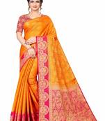 Yellow woven faux kanjivaram silk saree with blouse