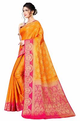 Yellow woven faux kanjivaram silk saree with blouse 2