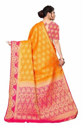 Yellow woven faux kanjivaram silk saree with blouse 3