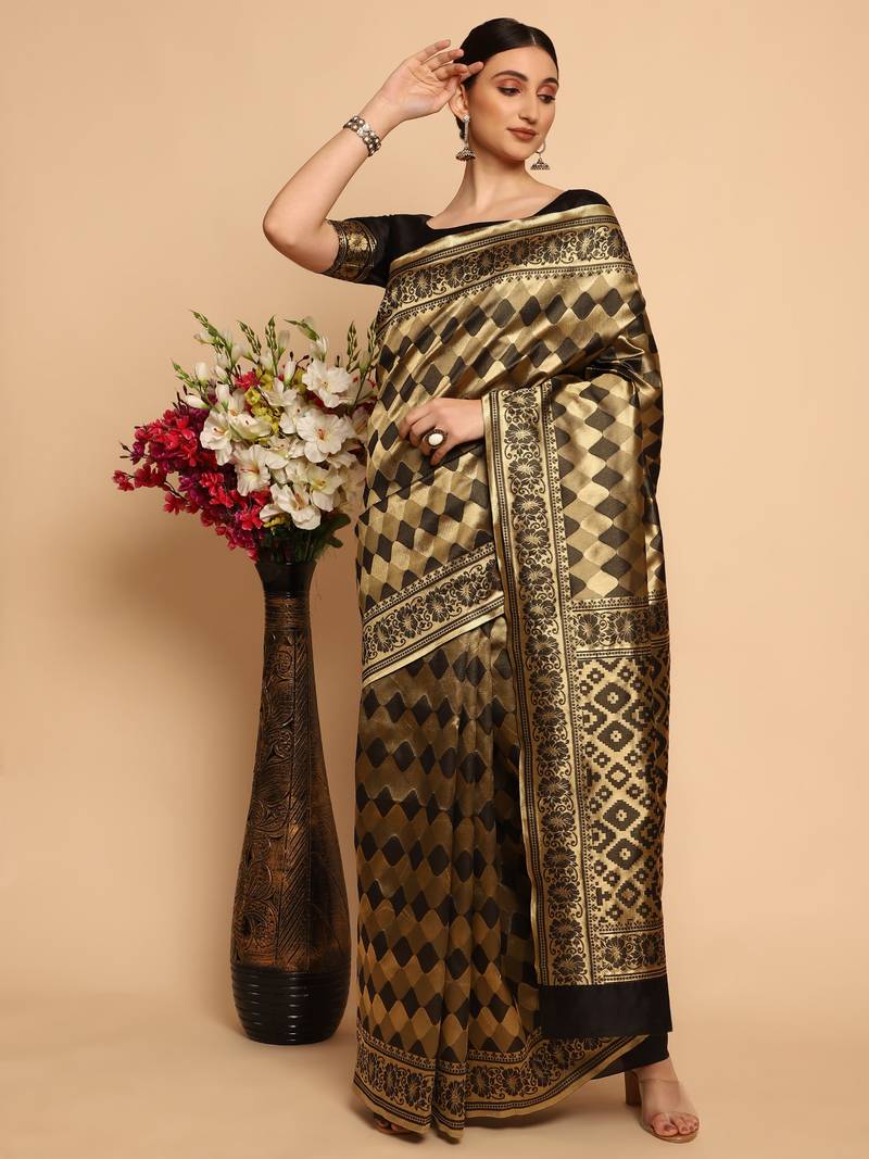 Glemora Black Designer Ethnic Wear Silk Blend Banarasi Traditional Saree