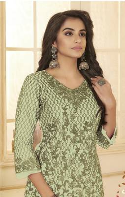 Parrot-green embroidered net salwar 2