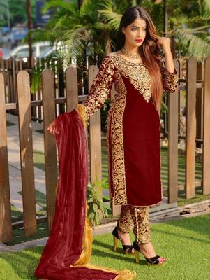 Maroon embroidered velvet salwar 1