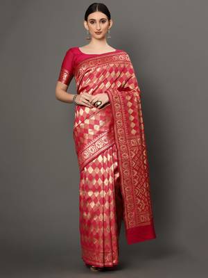 Glemora Pink Designer Ethnic Wear Silk Blend Banarasi Traditional Saree 1