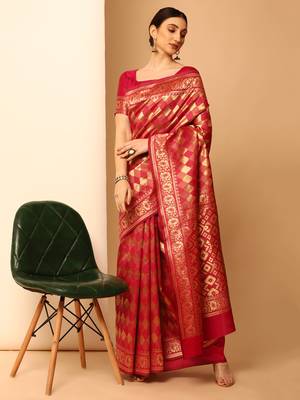 Glemora Pink Designer Ethnic Wear Silk Blend Banarasi Traditional Saree 3