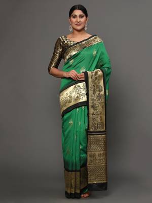 Glemora Green Beautiful Ethnic Wear Silk Blend Banarasi Traditional Saree 1