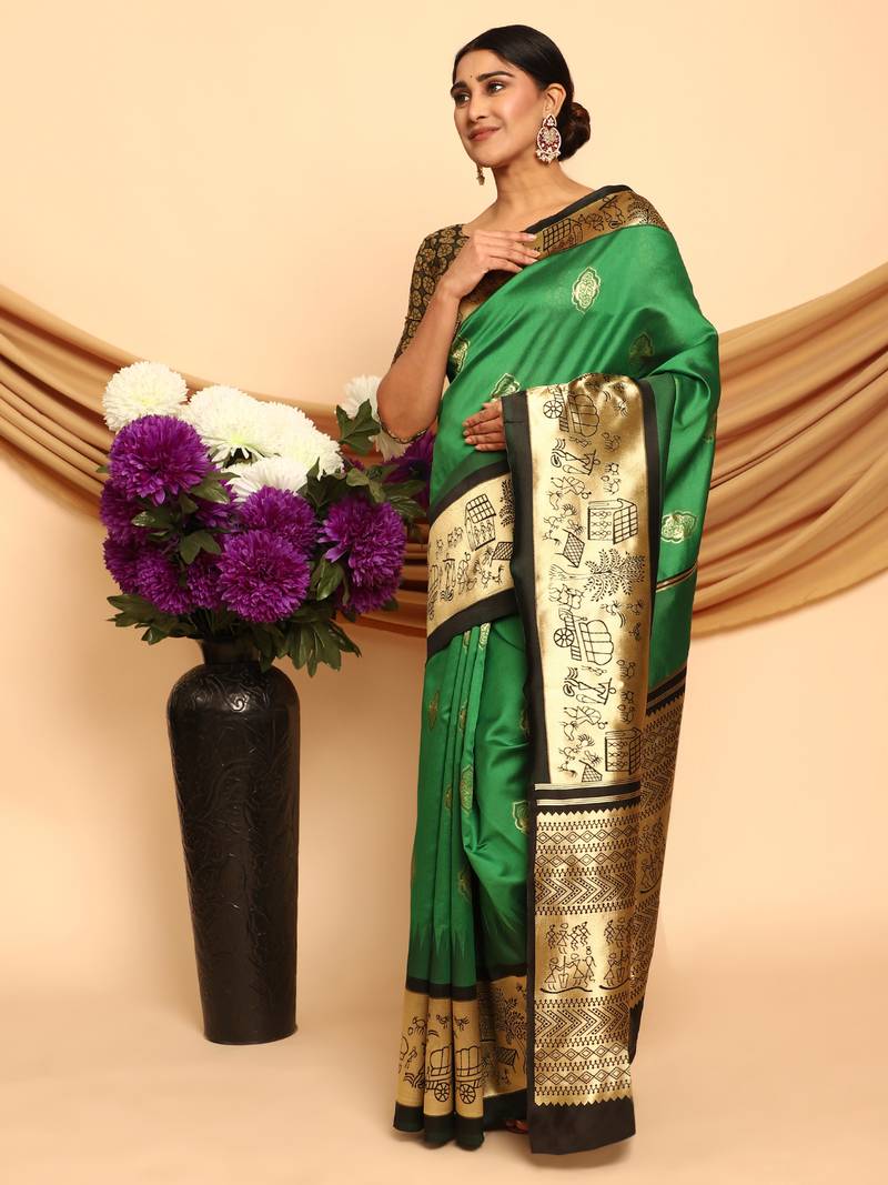 Glemora Green Beautiful Ethnic Wear Silk Blend Banarasi Traditional Saree