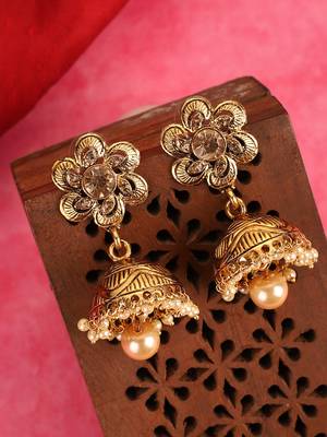 Traditional Gold Plated Floral Shape Designer Golden Stone and Pearl Jhumka 1
