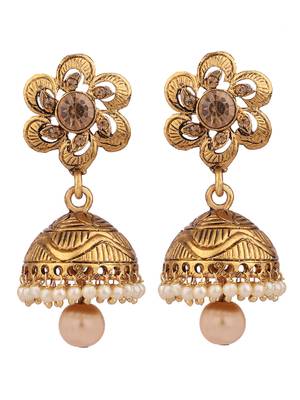 Traditional Gold Plated Floral Shape Designer Golden Stone and Pearl Jhumka 2