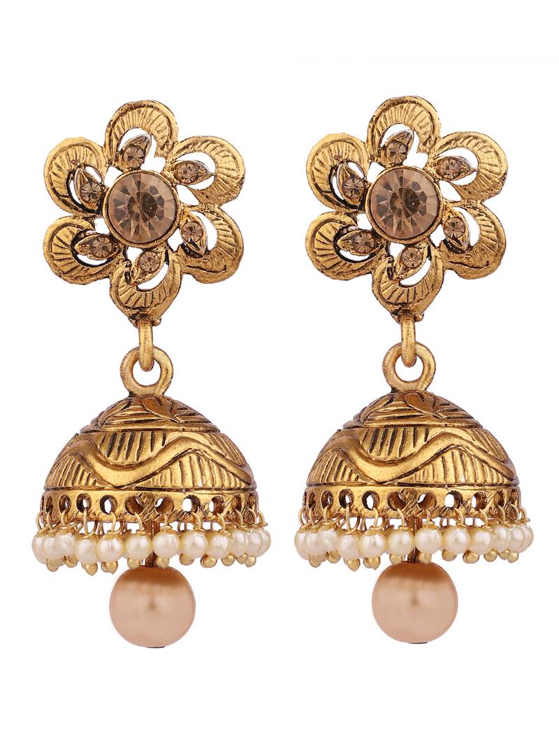Traditional Gold Plated Floral Shape Designer Golden Stone and Pearl Jhumka