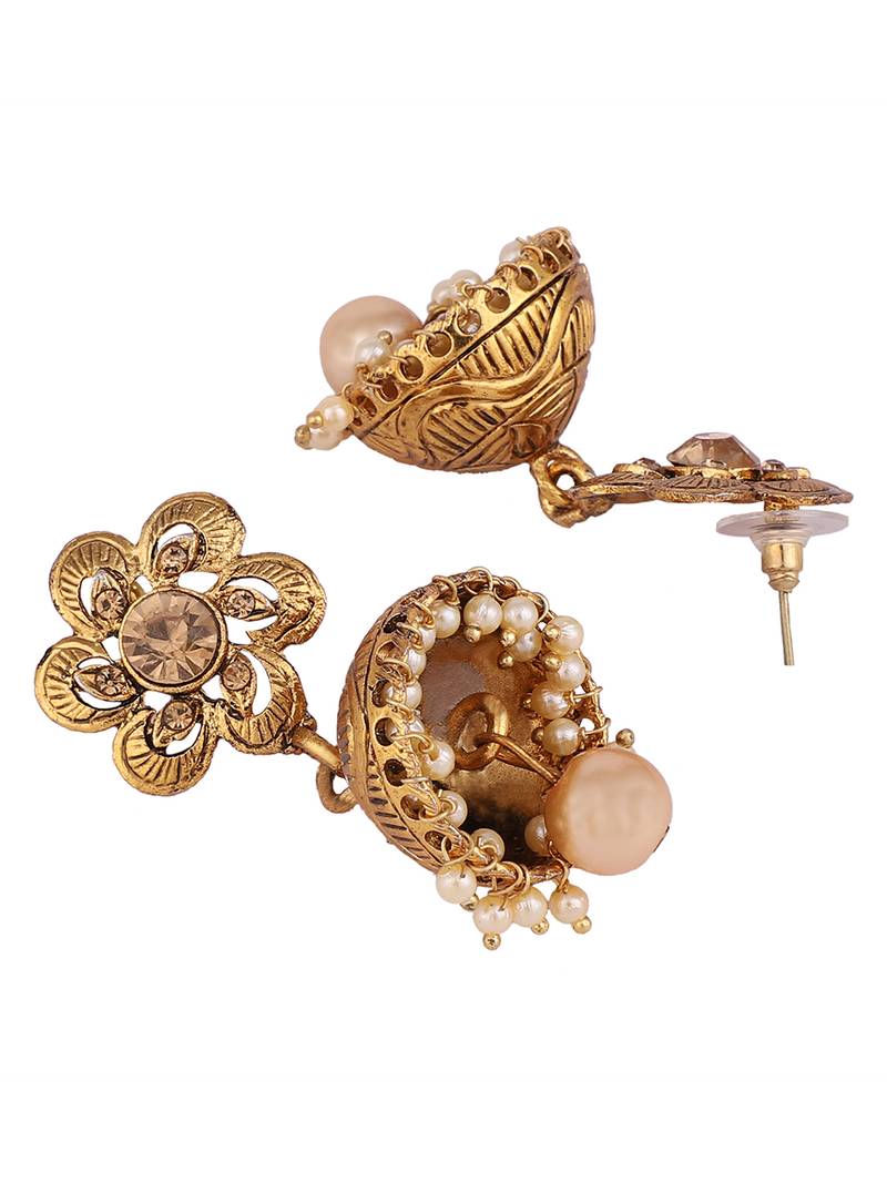 Traditional Gold Plated Floral Shape Designer Golden Stone and Pearl Jhumka
