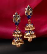 Traditional Gold Tone Leaf Motif Stone and Pearl 2 Floor Blue Jhumka Earring