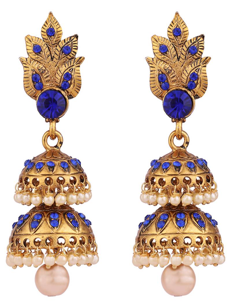 Traditional Gold Tone Leaf Motif Stone and Pearl 2 Floor Blue Jhumka Earring