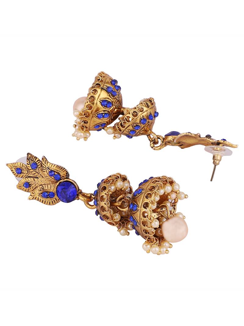 Traditional Gold Tone Leaf Motif Stone and Pearl 2 Floor Blue Jhumka Earring
