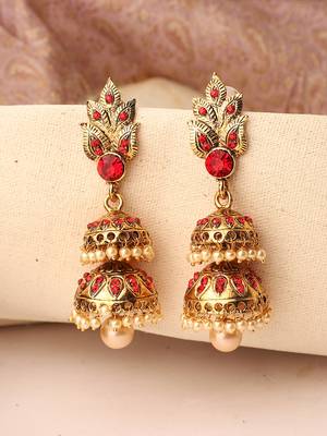 Traditional Gold Tone Leaf Motif Stone and Pearl 2 Floor Red Jhumka Earring 1