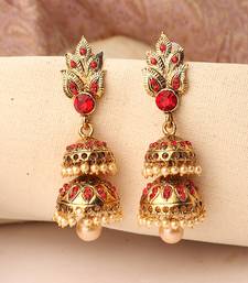 Traditional Gold Tone Leaf Motif Stone and Pearl 2 Floor Red Jhumka Earring