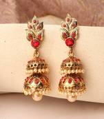 Traditional Gold Tone Leaf Motif Stone and Pearl 2 Floor Red Jhumka Earring