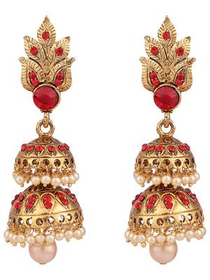 Traditional Gold Tone Leaf Motif Stone and Pearl 2 Floor Red Jhumka Earring 2