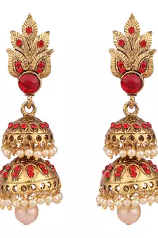 Traditional Gold Tone Leaf Motif Stone and Pearl 2 Floor Red Jhumka Earring