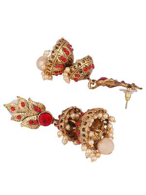 Traditional Gold Tone Leaf Motif Stone and Pearl 2 Floor Red Jhumka Earring 3
