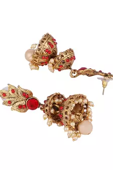 Traditional Gold Tone Leaf Motif Stone and Pearl 2 Floor Red Jhumka Earring