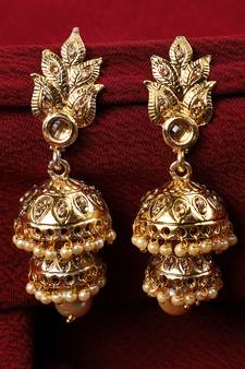 Traditional Gold Tone Leaf Motif Stone and Pearl 2 Floor Jhumka Earring