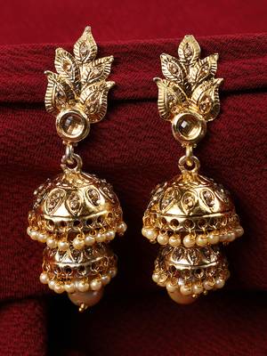 Traditional Gold Tone Leaf Motif Stone and Pearl 2 Floor Jhumka Earring 1