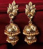 Traditional Gold Tone Leaf Motif Stone and Pearl 2 Floor Jhumka Earring