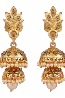 Traditional Gold Tone Leaf Motif Stone and Pearl 2 Floor Jhumka Earring