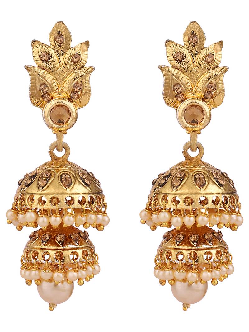 Traditional Gold Tone Leaf Motif Stone and Pearl 2 Floor Jhumka Earring