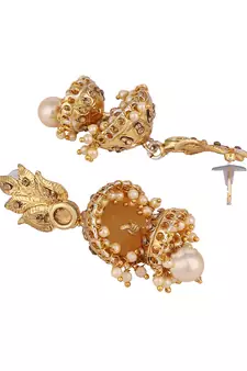 Traditional Gold Tone Leaf Motif Stone and Pearl 2 Floor Jhumka Earring