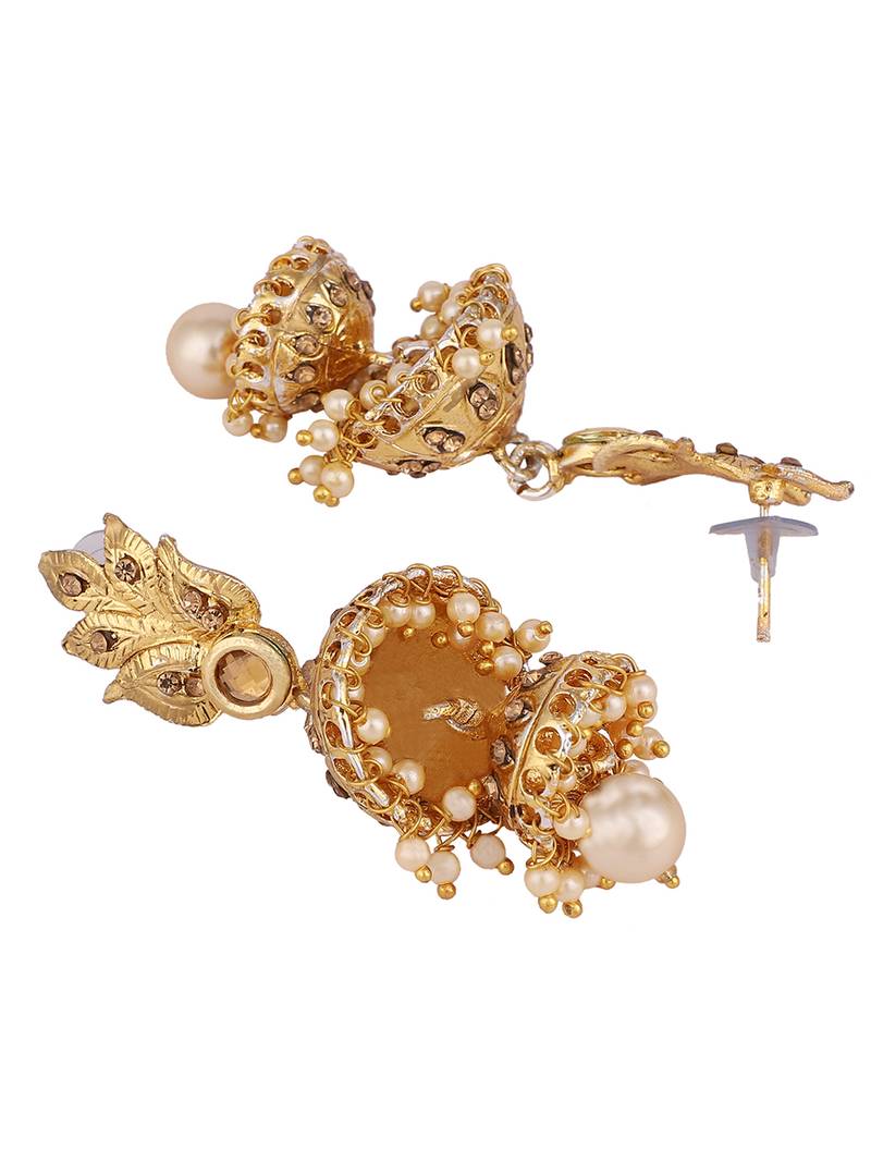 Traditional Gold Tone Leaf Motif Stone and Pearl 2 Floor Jhumka Earring