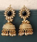 Elegant off White Pearl and Stone Designer Gold Plated Black Drop Jhumka Earring