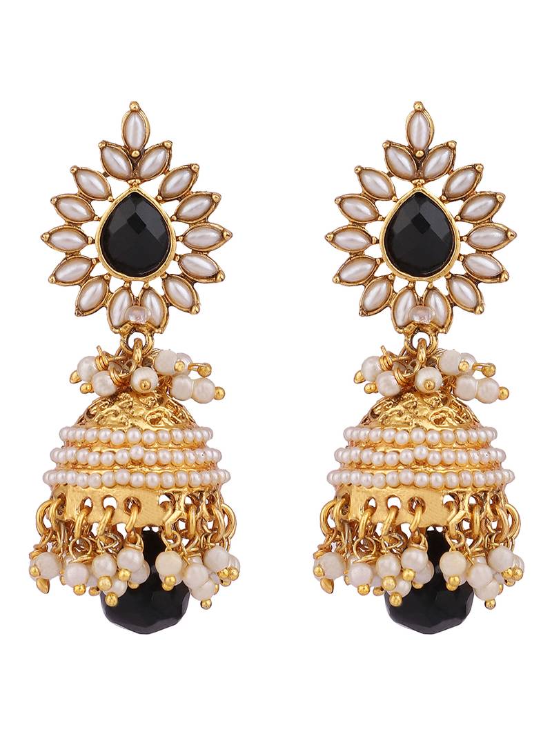Elegant off White Pearl and Stone Designer Gold Plated Black Drop Jhumka Earring