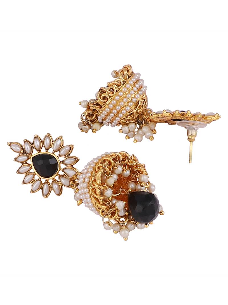 Elegant off White Pearl and Stone Designer Gold Plated Black Drop Jhumka Earring