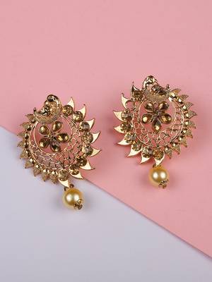 Stylish Gold Plated Round Shape White Stone and Pearl Drop Chandbali Earring 1
