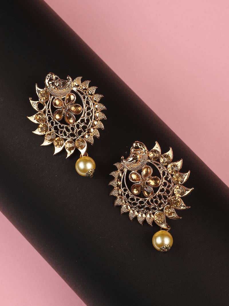 Stylish Gold Plated Round Shape White Stone and Pearl Drop Chandbali Earring