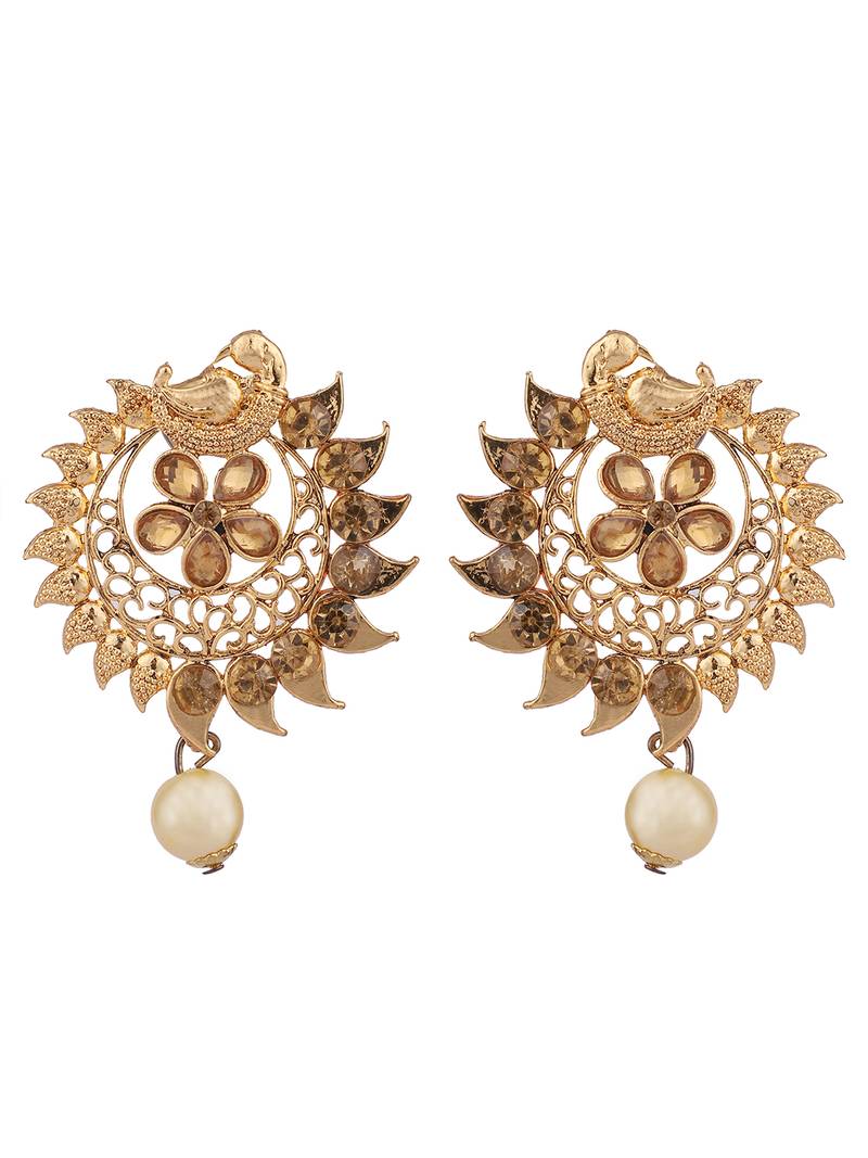 Stylish Gold Plated Round Shape White Stone and Pearl Drop Chandbali Earring