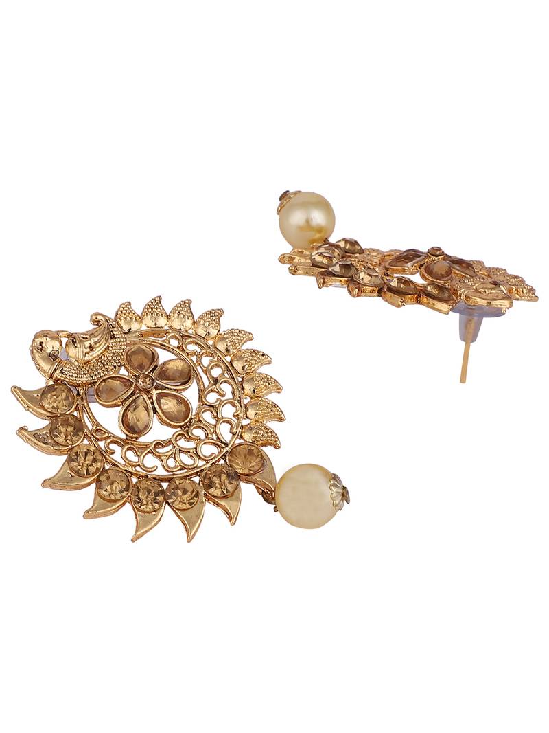 Stylish Gold Plated Round Shape White Stone and Pearl Drop Chandbali Earring