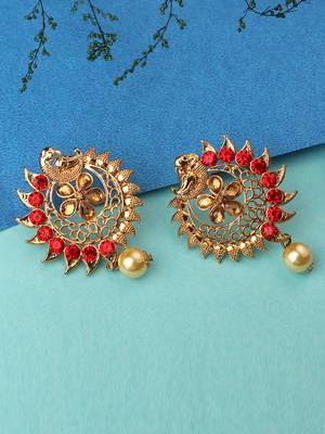 Stylish Gold Plated Round Shape Red Stone and Pearl Drop Chandbali Earring 1