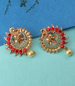 Stylish Gold Plated Round Shape Red Stone and Pearl Drop Chandbali Earring
