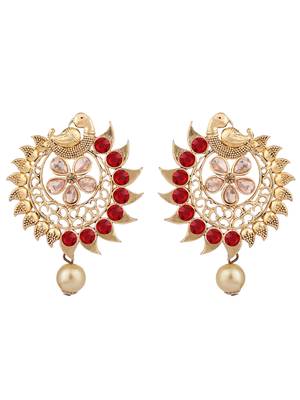 Stylish Gold Plated Round Shape Red Stone and Pearl Drop Chandbali Earring 2
