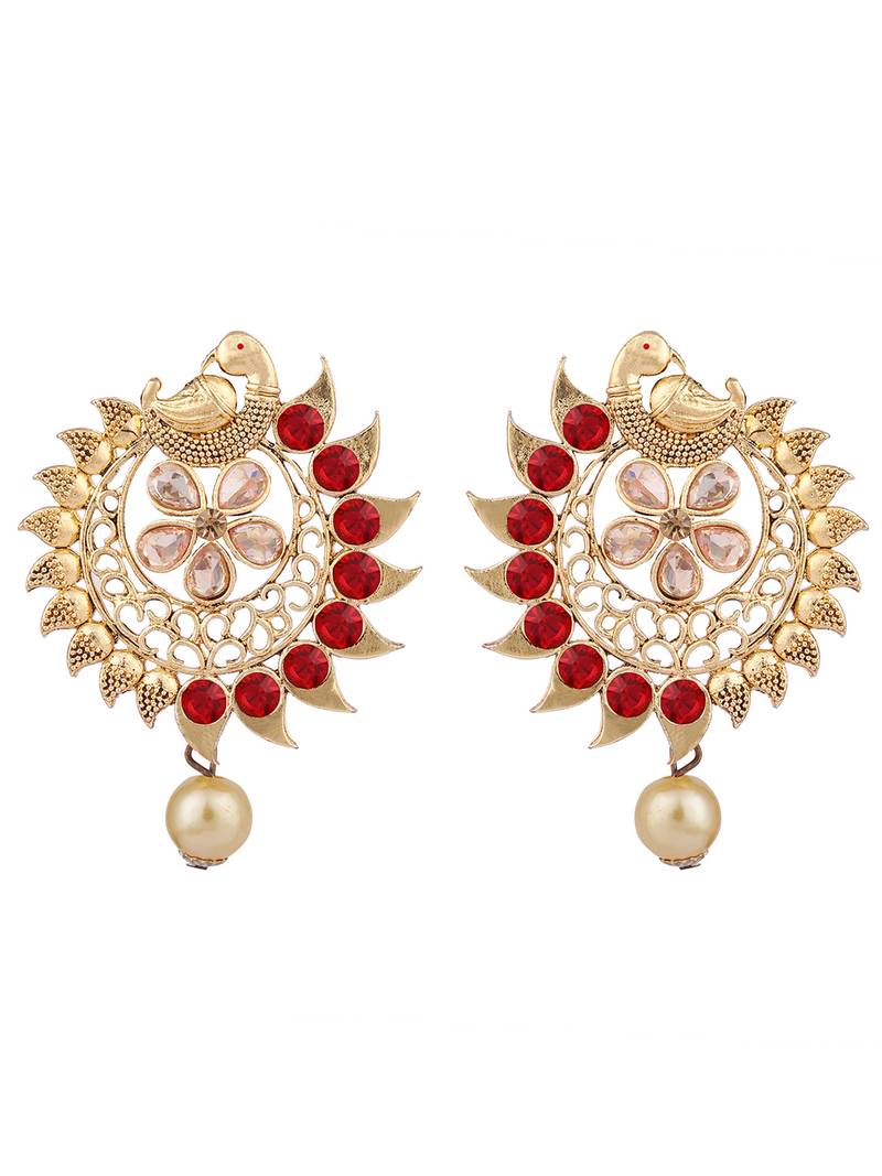 Stylish Gold Plated Round Shape Red Stone and Pearl Drop Chandbali Earring