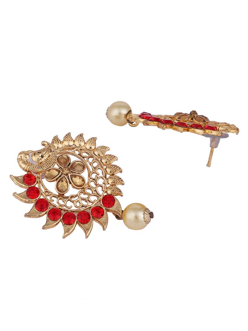 Stylish Gold Plated Round Shape Red Stone and Pearl Drop Chandbali Earring