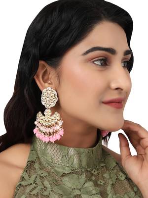 Pastal Pink Gold Plated Stylish Stone and Beaded Exclusive design Chandbali Earring 1