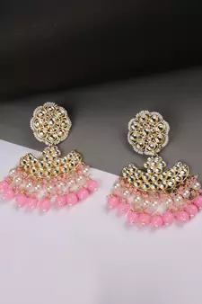 Pastal Pink Gold Plated Stylish Stone and Beaded Exclusive design Chandbali Earring
