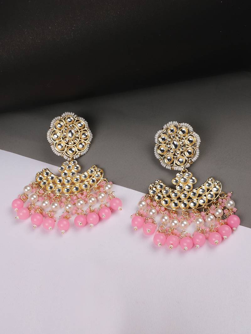 Pastal Pink Gold Plated Stylish Stone and Beaded Exclusive design Chandbali Earring