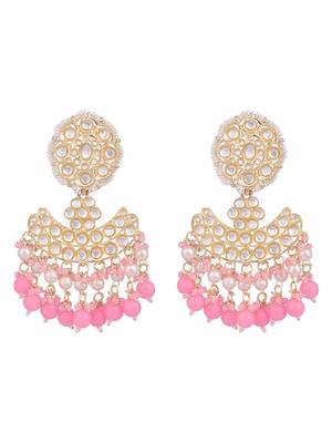 Pastal Pink Gold Plated Stylish Stone and Beaded Exclusive design Chandbali Earring 3
